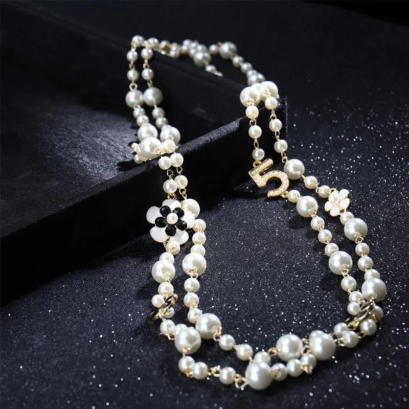 High Quality Women Long Pendants Layered Pearl Necklace Collares de moda Number 5 Flower Party Jewelry