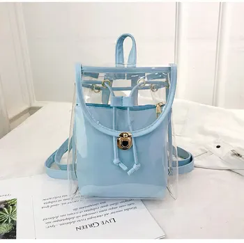 

Fashion Transparent Pvc Jelly Bag Backpack Soft Surface Drawstring Backpack With Zipper Pocket Blue Pink Sweet Trendy Bags