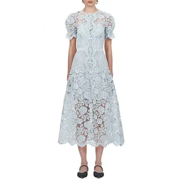 

Dropshipping Lace Hollow Out Women Puff Short Sleeve Party Long Dresses 2020 Summer Designer Runway Ladies Blue Dress Vestidos