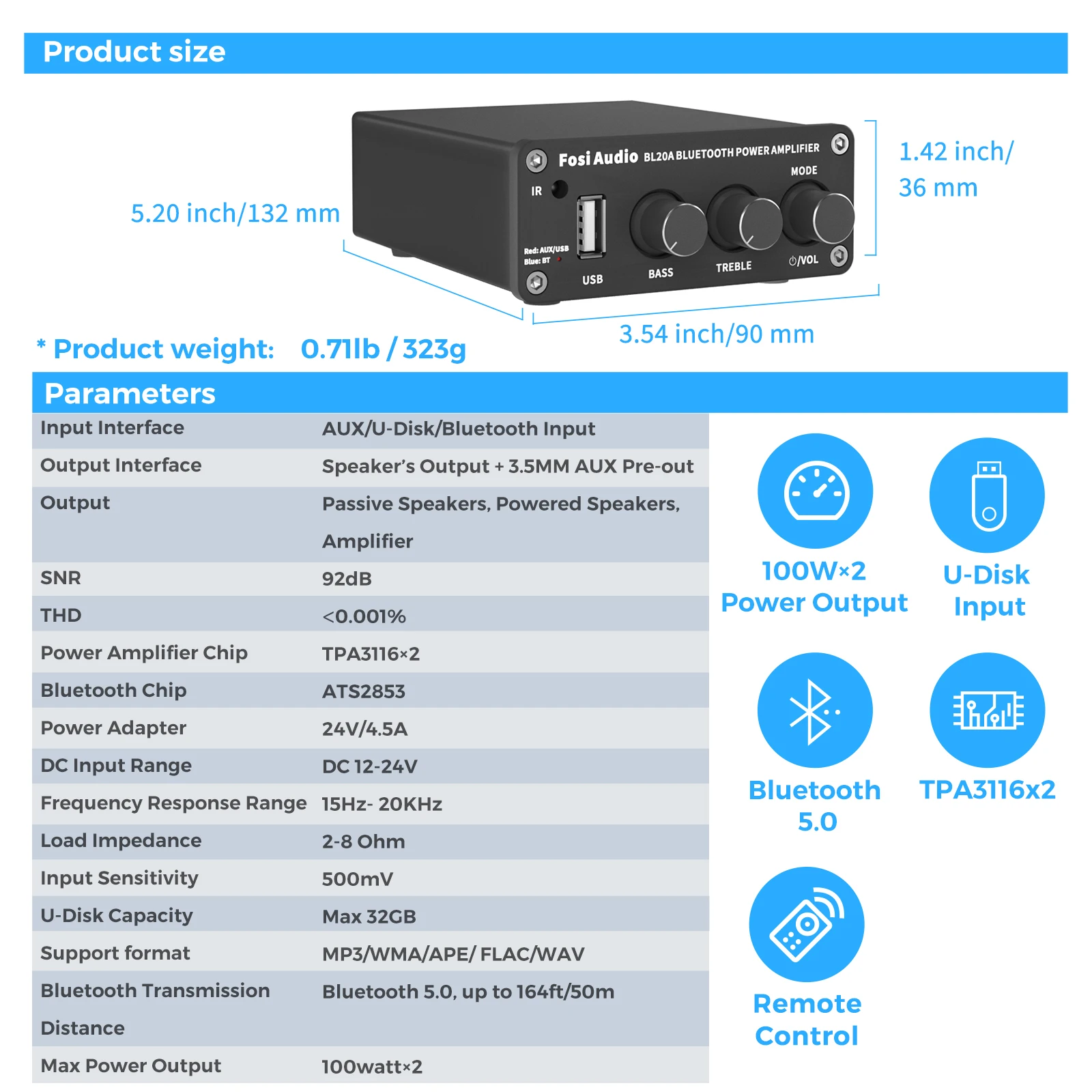 Amplificador de Potência Agudos com U-disco de Controle Bluetooth Fosi Áudio 100w Mini Alta Fidelidade Classe d Amp Graves Remoto Bl20a Tpa3116d2 Som - Image 6