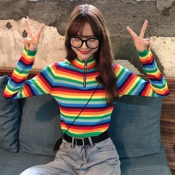 

2019 New Women Sweaters Autumn Winter Stripes Print Slim Long Sleeved Sweet Girl Zipper Collar Slim Bottom Knit Sweater z