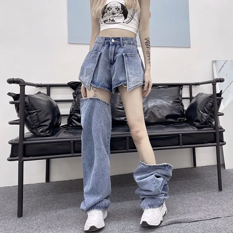 New summer Harajuku style high street hollow personality detachable trousers jeans women's wide-leg pants trendy women