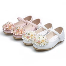 Обувь для девочек; новые кожаные туфли с цветочным принтом; обувь принцессы с закрытым носком; нескользящая Мягкая подошва; цвет белый, розовый; STX012