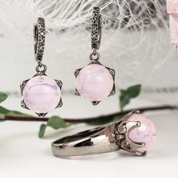 

Pink Dangle Earrings ring sets Round Stone with Cut pattern fashion Jewellery Sweet Jewelry set Gift for Women