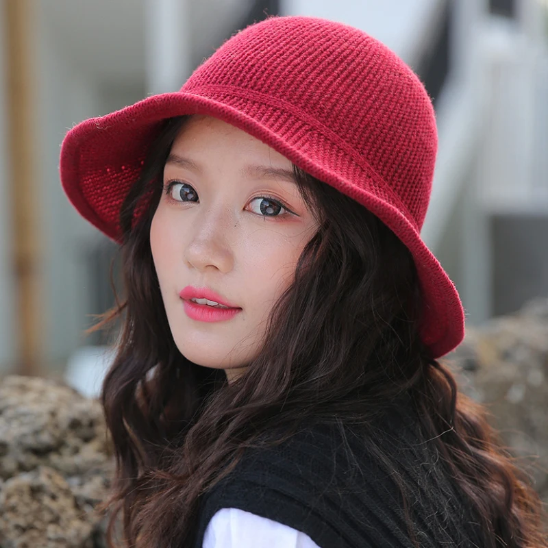 

HT2743 Autumn Winter Hats for Women Solid Plain Knitted Hat Ladies Fashion Packable Bucket Hat Female Panama Fishing Bucket Cap