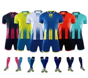 

Customize Football Team Jersey Shorts Set Print Embroidered Logo Name Number Uniforms Blue Orange Soccer T-Shirt Adult Kids Men