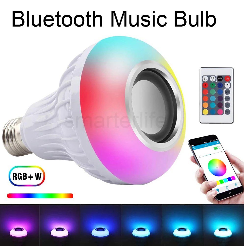 

Smart RGB Bluetooth speaker bulb adjustable music LED light wireless remote control APP control RGB+White E27