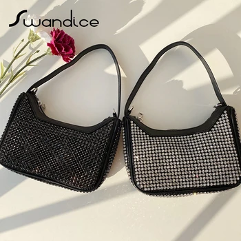 

Real Genuine Leather Inlaid Rhinestone Crystal Small Baguette Handbags Crossbody Messenger Shoulder Bags 2020 Women Female Purse