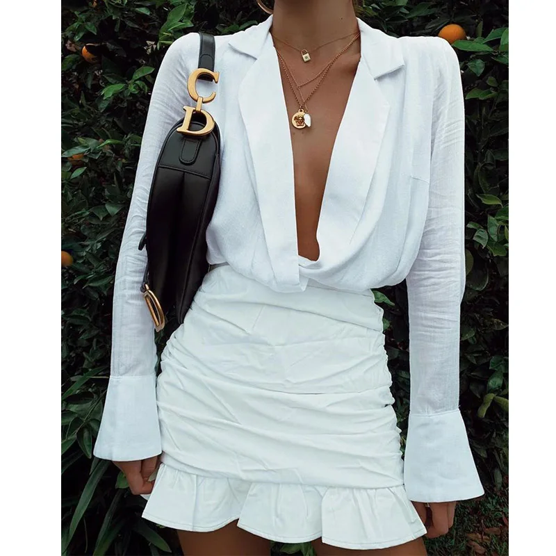 

Office work dress sexy deep V ruffled white dress women's summer 2019 fashion lapel slim dress cotton club mini dress S-XL