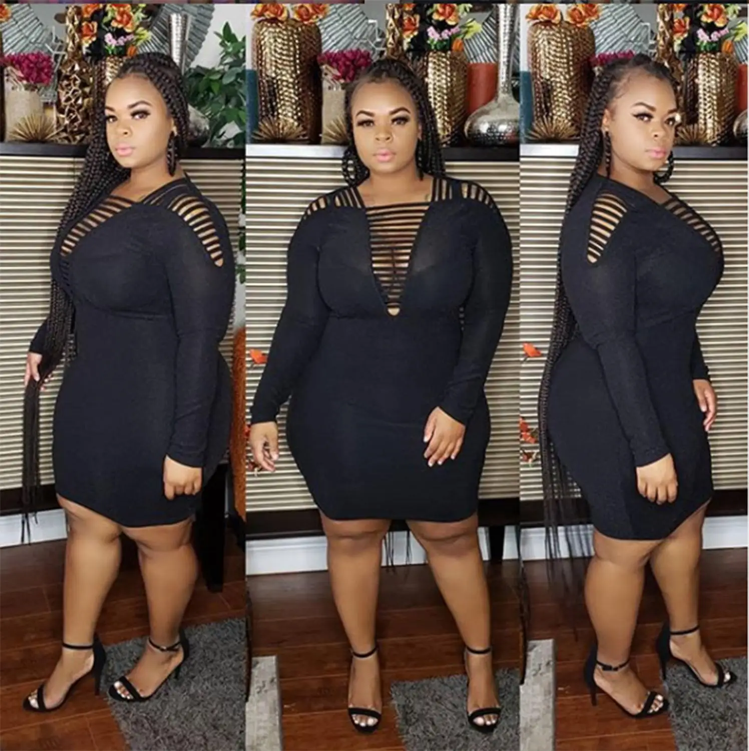 Plus Size Women Mini Dress Lady's Sexy Nightclub Wear V neck Hollow Out  Full Sleeve Lace Up Bodycon Solid Color Skinny Dresses|Dresses| - AliExpress