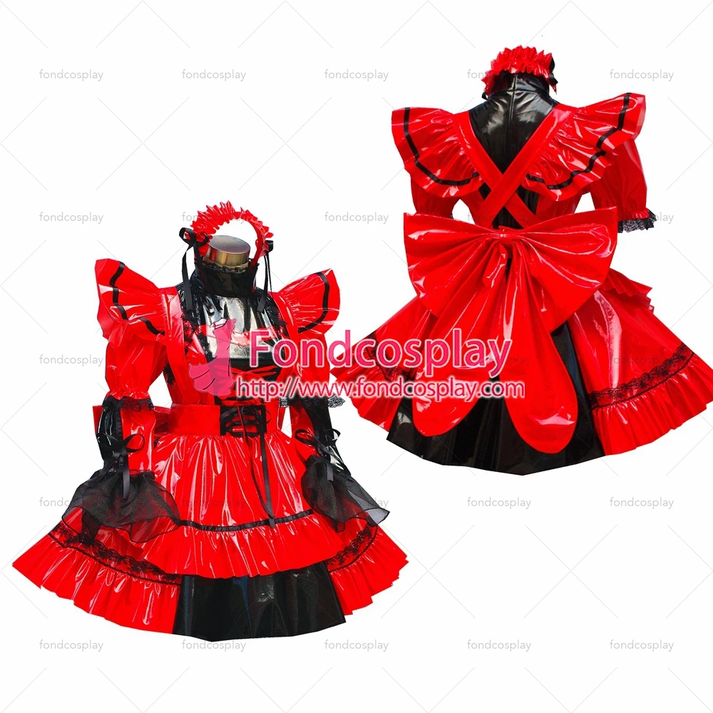 fondcosplay adult sexy cross dressing sissy maid short red thin Pvc Dress Lockable Uniform Cosplay Costume Tailor-made[G449] |