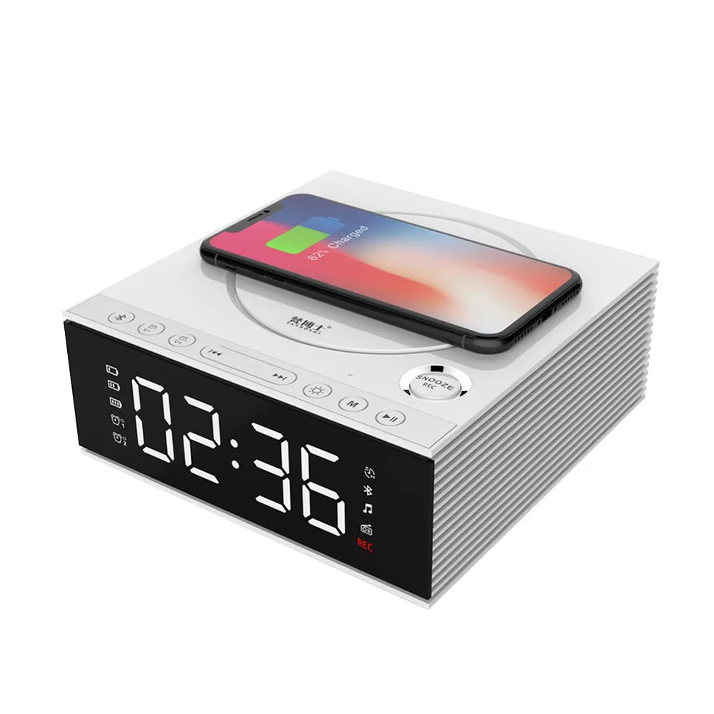 

4D Wireless Charger Bluetooth Speaker Alarm Recording FM Radio DIY 2 Alarm Clock Music U Disk AUX TF/USB Multifunctional