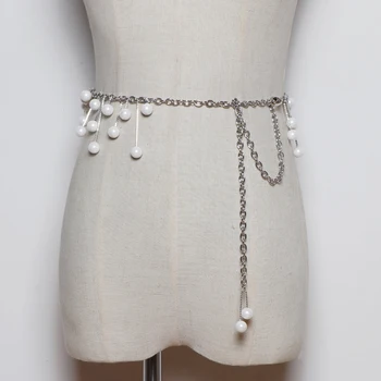 

2020 Summer Dress Metal Waist Chain Plastic Pearl Statement Tassel Belly Chain Elegant Ladies Shirt Pearl Waist Belt Decoration