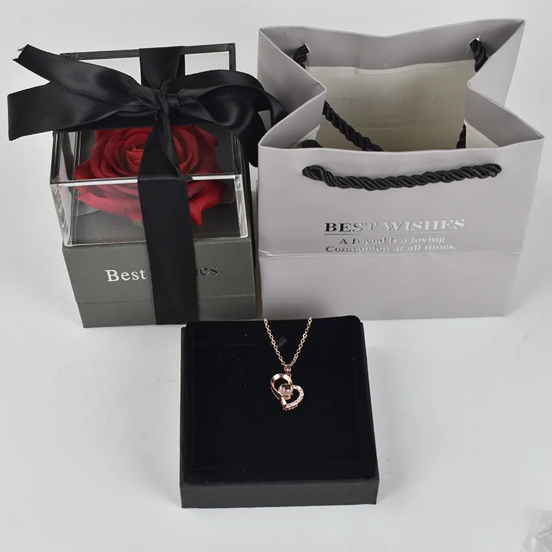 

Beautiful Red Rose Flower Box Jewelry Storage Holder Case 100 languages I love you Necklace For Girlfriend Romantic Love Gift