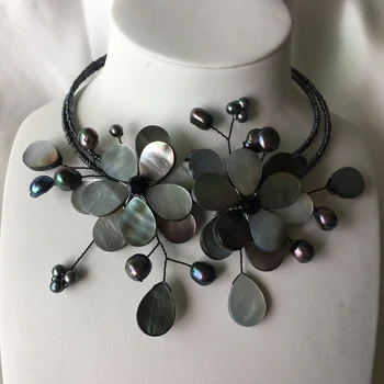 

2018 Sell like Hot Black Sea Shell Flower Choker Necklace With Black Pearl Boho Party Jewelry Female