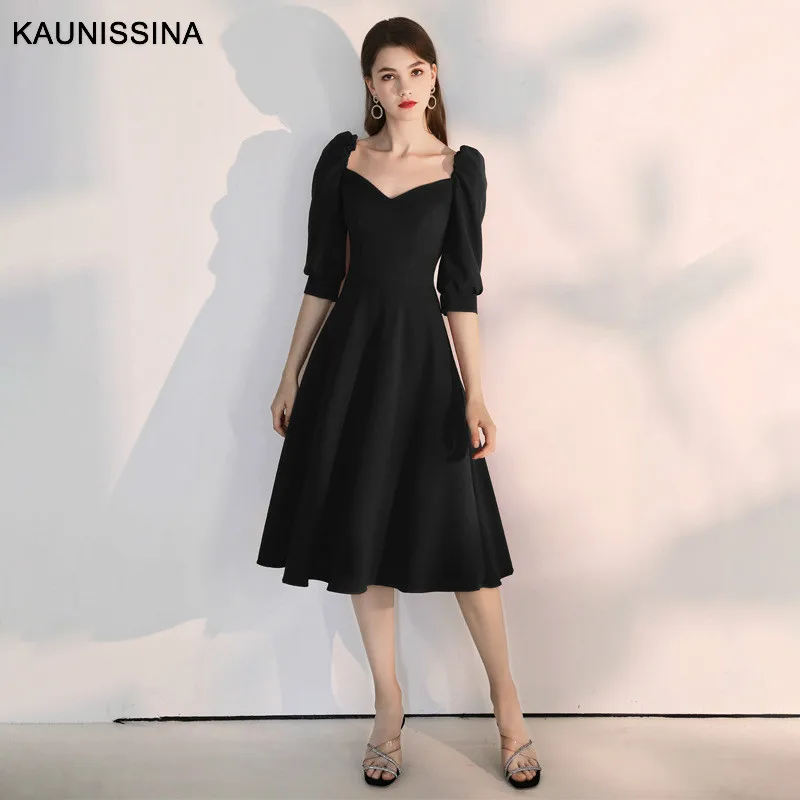 KAUNISSINA коктейльное платье для женщин до колена элегантные вечерние платья Половина рукава одноцветное платье для выпускного вечера