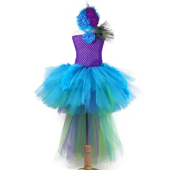 

Hot Girls Peacock Feather Trailing Tutu Dress Kids Crochet Dress with Rose Hairbow Children Birthday Party Cosplay Costume Dress