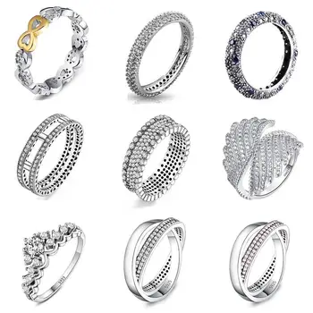 

9 Style Women Silver Color Rings Jewelry Wing Flower Crown Double Circles Style Ring For Women Wedding Jewelry