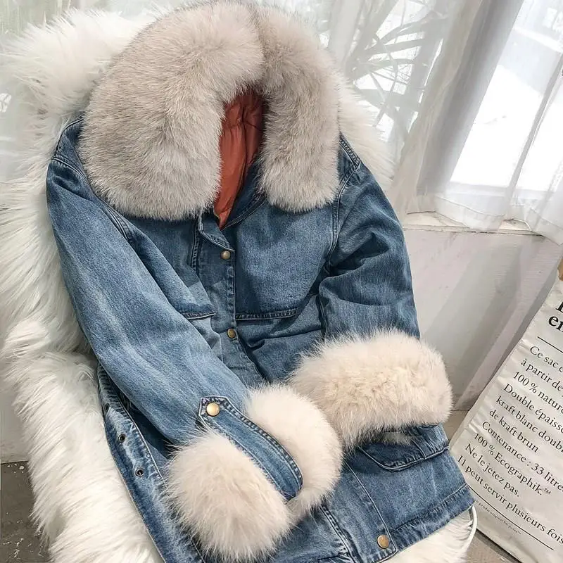 

Women Jean Jacket Winter Thick Jean Jacket Fox Fur Collar Denim Coat Lace Up Duck Down Jacket 2 Piece Set Coat Outerwear