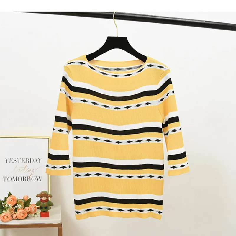 Women Pullover Sweater Knitted Jumper Women O Neck Seven Sleeve Sweaters Striped Autumn Tops For Women Sweaters And Pullovers
