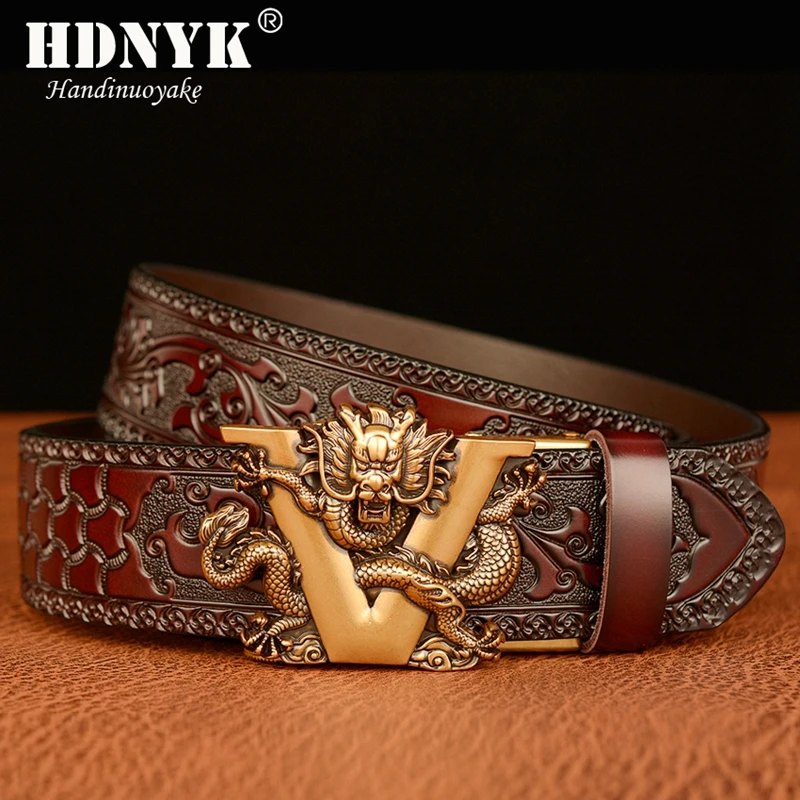 2021 New Arrivel Embossing Retro Technology Belts for Men Genuine Cowhide Leather Belt with V Dragon Pattern Automatic Buckle