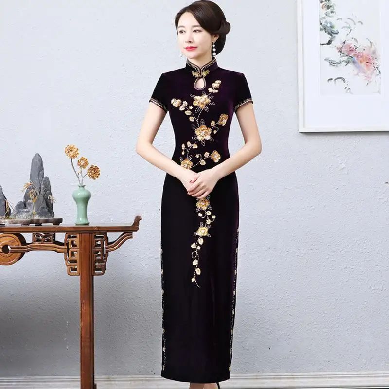 Высокий разрез пикантное Qipao для женщин вечернее платье Китайский традиционный мандрин воротник Чонсам с коротким рукавом большой размер 3XL 4XL - Цвет: StyleA 2