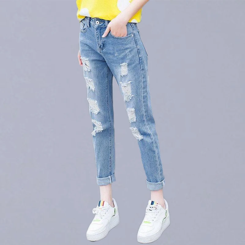 

High Waist Boyfriend Jeans For Women New Fashion Hole Ripped Jeans Female Ankle-length Casual Denim Pencil Pants P119