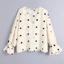 Стильная женская блузка рубашка осень Новая мода вышивка в горошек с жаккардовым цветочным узором