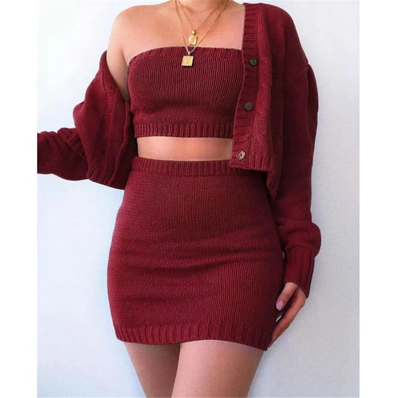 Conjunto de 3 uds. De punto de invierno, abrigo de manga larga mujer, Chaqueta corta, suéter de falda, para señoras, 3 uds. Conjunto de traje Casual mujer - AliExpress