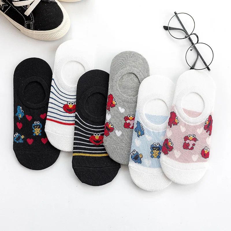 Женские носки в стиле аниме «Элмо»; носки-лодочки с героями мультфильмов; милые хлопковые Забавные милые Модные Повседневные Дышащие носки с принтом «Улица Сезам»