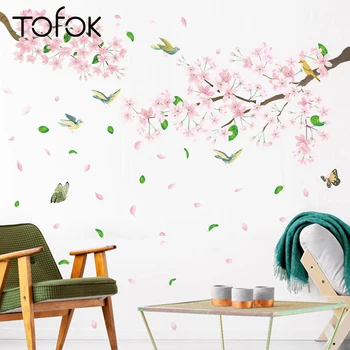 

Tofok Cherry Blossom Bouquet Birds Wall Sticker Spring Romantic Home Living Room Sofa TV Background Mural Decal Window Decor