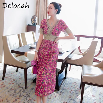 

Delocah Summer Women Fashion Designer A-Line Dress Sexy V-Neck Gorgeous Lace Floral Print High Waist Ladies Party Midi Dresses