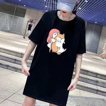 

2020 Dress Summer Dresses Cartoon Dog Printing Cute Clothes Loose Women Clothing Plus Size Woman Mini Dress Black White