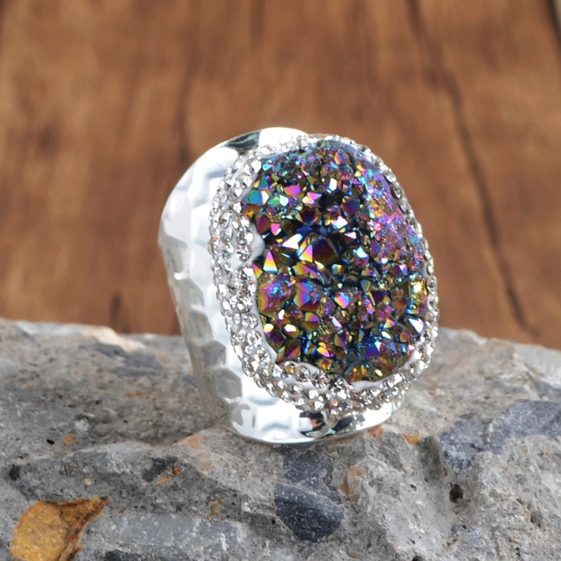 Дропшиппинг кольцо с камнем друзы Бохо Радужное кольцо Друза титана для свадьбы ювелирные изделия США европейские драгоценные камни обручальные кольца женское кольцо - Цвет основного камня: silver-rainbow