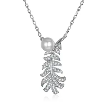 

Crystals Leaves Pearl Pendant LEKANI Crystals From Swarovski Necklace 925 Sterling Silver Chic Gifts for Women Young Lady Girls