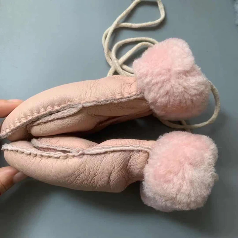 Kids Manual Warm Mittens Genuine Leather Gloves for 2-5 year Children Winter Warm Wool Fur Gloves Minttens girls & boys