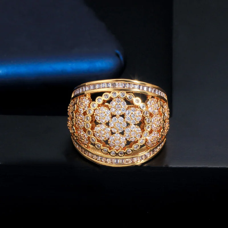 CWWZircons супер роскошный Дубай золотой цвет блестящий цветок кубическая циркониевая подвеска Большой браслет и кольцо набор для свадьбы невесты Вечерние T372