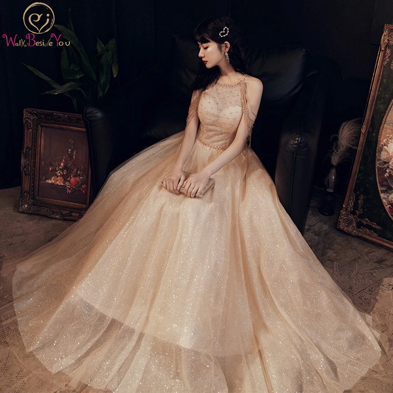 

Walk Beside You Gold Evening Gown for Women Party 2020 New Sparkle Sequined Pearl Tassel Beading Keyhole Back Prom Dresses Long