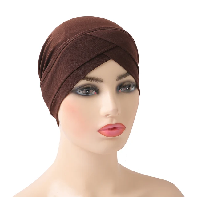 H117 High Quality Criss Cross Muslim Hijab Inner Hat Underscarf Pull On Islamic Scarf Turban Caps Full Headcover Women Headwrap brown