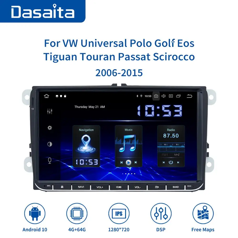 

Dasaita 9" IPS Touch Screen 1Din Car Radio Android10.0 for VW GPS Polo Golf Eos Tiguan Seat leon Passat Car Bluetooth MAX10