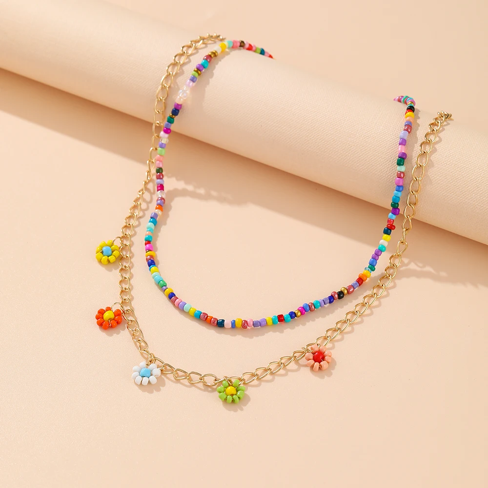2021 New Lovely Daisy Flower Colorful Beads Pearl Clavicle Choker Necklace for Women Girls Spring Summer Jewelry Wholesale 