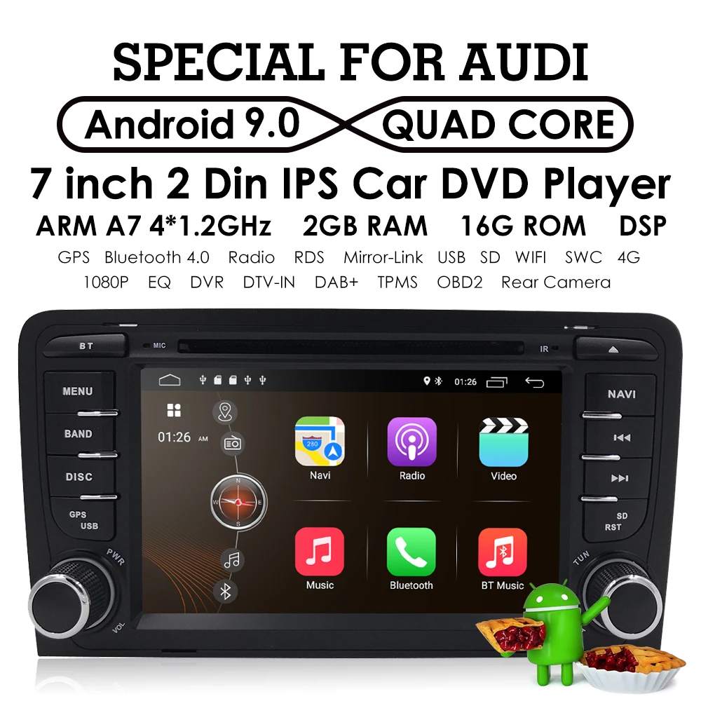 Cheap Ossuret Quad core 2 din Android 9.0 Car GPS Navigation for Audi A3 (2003-2011) Stereo AutoRadio Bluetooth WIFI 4G DVD DAB CAM 0