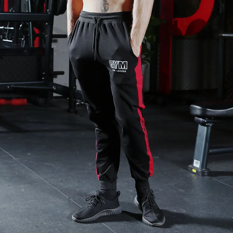Хлопковые брюки для бега, мужские спортивные брюки-карандаш для фитнеса, обтягивающие баскетбольные тренировочные брюки для бега, тренировочные брюки для тренировки - Цвет: Black Red