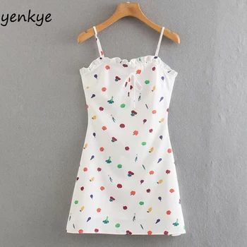 

Multicolor Fruit Print Dress Women Spaghetti Strap Sexy Dress Sundress Romantic Female Sleeveless A-line Mini Summer Dress