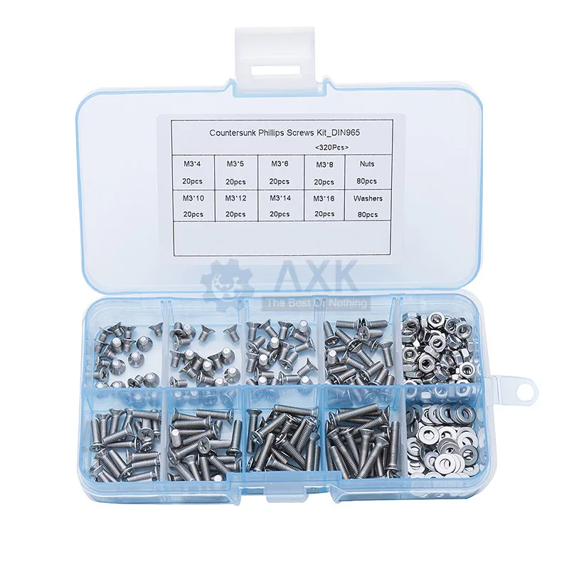 

320Pcs/set M2 M2.5 M3 DIN965 ISO7046 GB819 304 Stainless Steel Machine Screws Flat Head KM Screw Kit DT