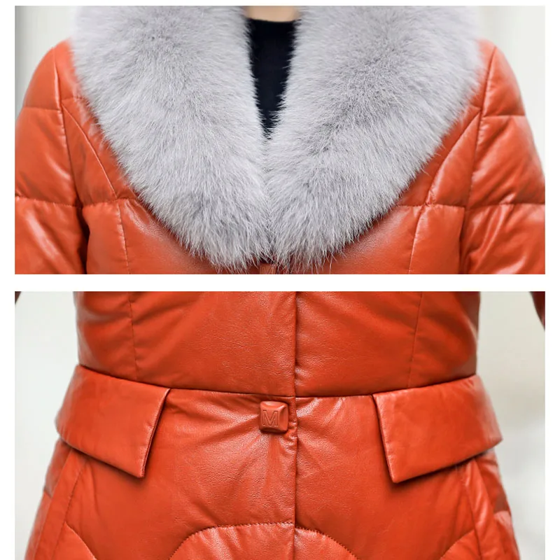 Кожаный женский пуховик, Зимний женский тонкий толстый воротник из лисьего меха, длинное пальто из овчины, Женская куртка из натуральной кожи Q129