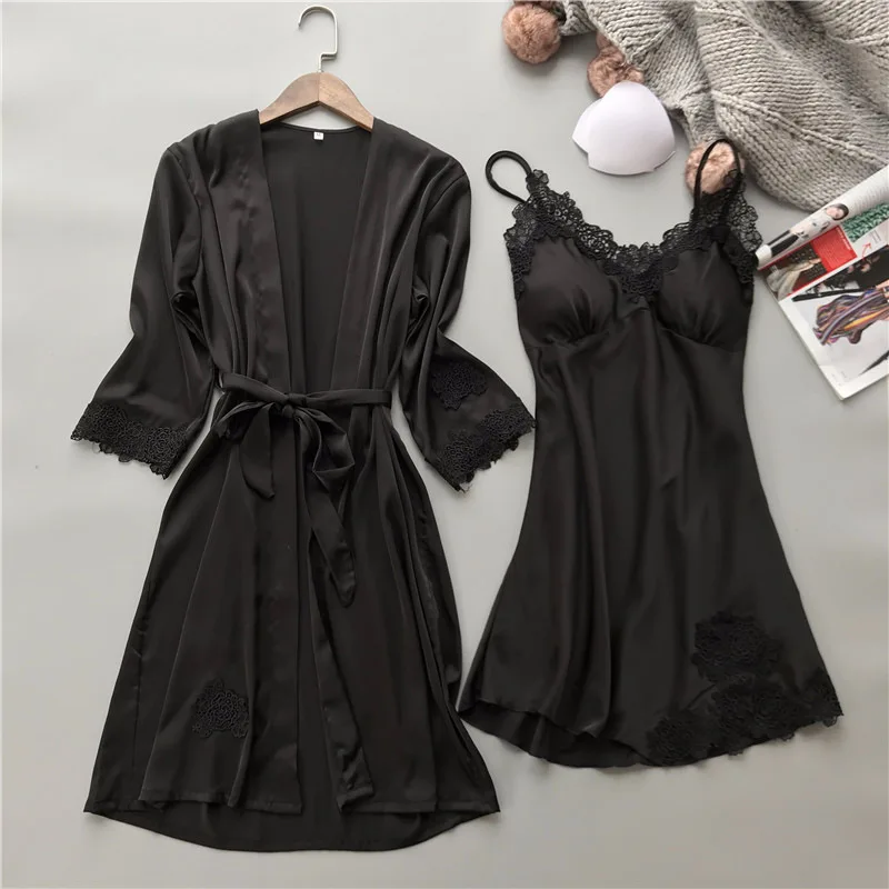 Feier Sexy Pajamas Robe and Gowns Set Silk Dress Pink Laceembroidery Sets Satin Nightwear Women Nighties Pyjama Femme Sleepwear | Женская