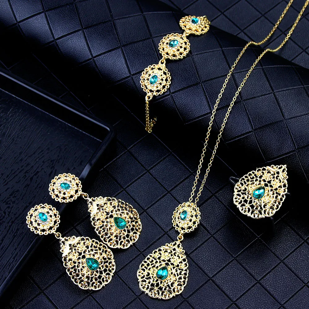 Sunspicems Elegant Morocco Algerian Earring Necklace Ring Bracelet Gold Color Women Wedding Jewelry Sets Africa Bride Gift 2020