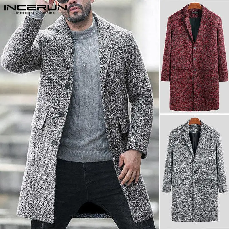 

Autumn Men Solid Color Long Sleeve Woolen Coats Leisure Literary Lapel Neck Long Trench Streetwear British Mens Jackets INCERUN