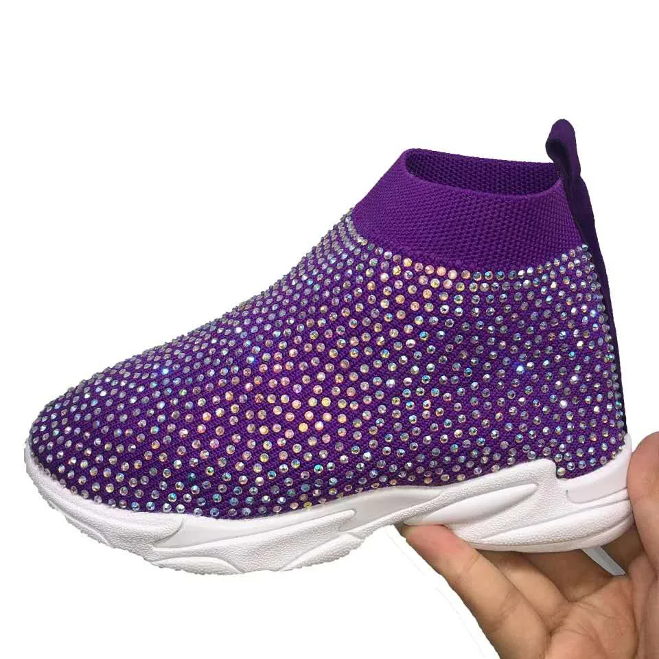Детская обувь для девочек, носки с кристаллами, обувь для мальчиков, обувь со стразами, детская обувь, женские кроссовки - Цвет: Rainbow purple
